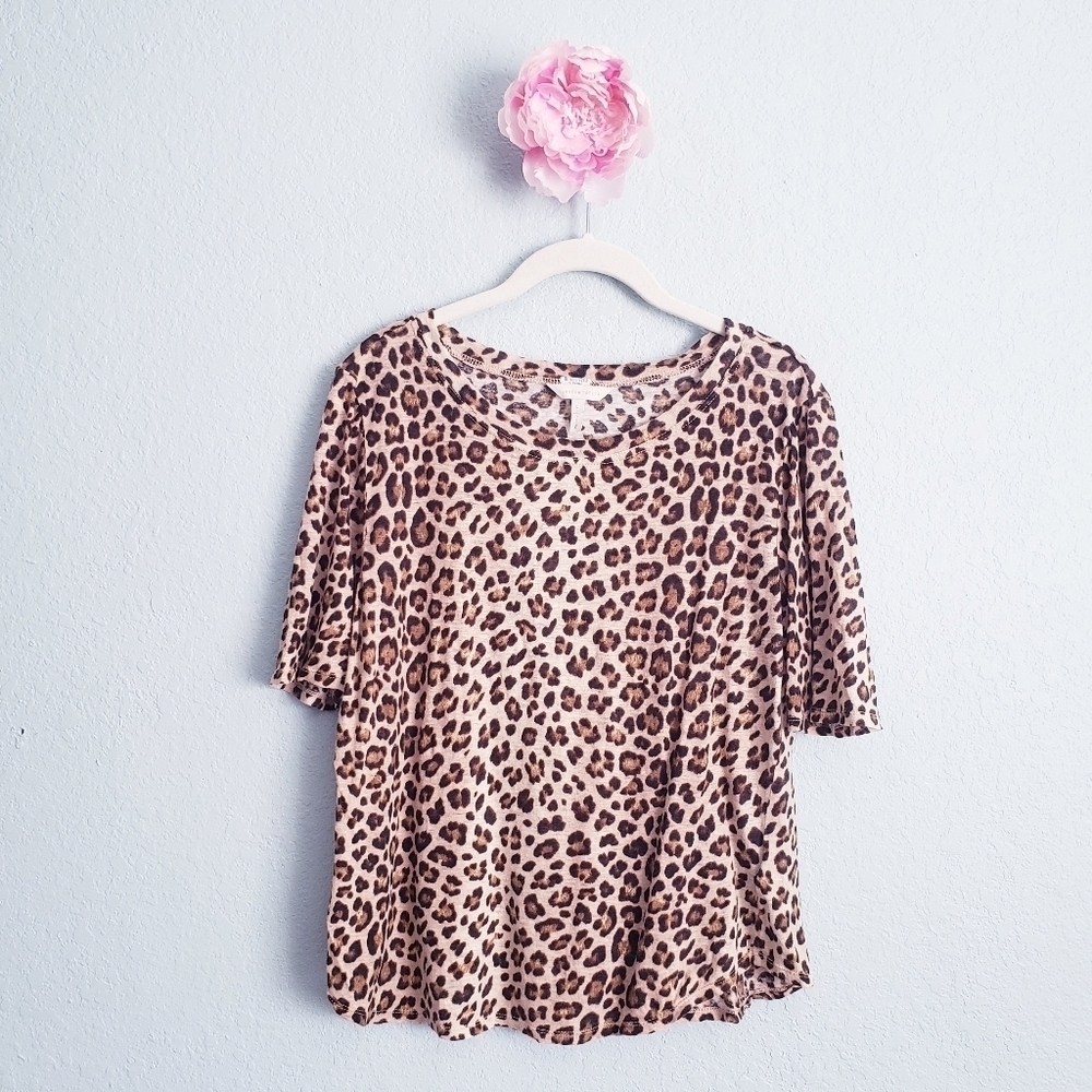 Rebecca Taylor Leopard Print Linen Short Sleeve Tee Shirt